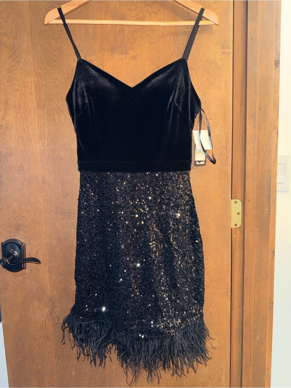 Guess Black Velvet & Sequin Feather Cocktail Dress